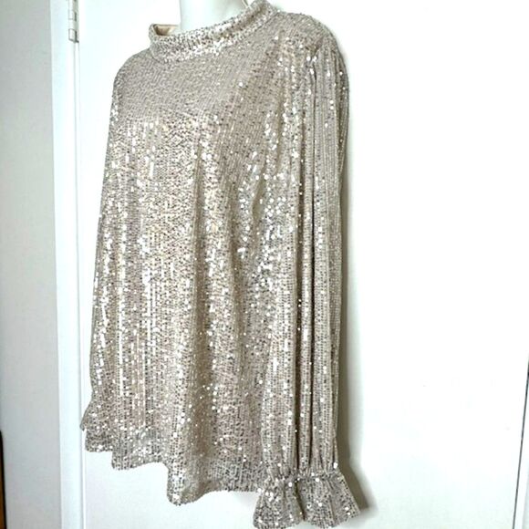 LANE BRYANT CHAMPAGNE TAUPE SEQUIN LONG SLEEVE TOP KEY HOLE BACK PLUS SIZE 26 - Picture 4 of 10